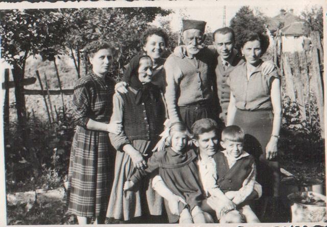 Petrovići, Kruševac 1956: Očeva sestra Staka, majka očeva Hristina, moja majka Dragica, deda Čedomir, otac, starija očeva sestra Nada, dole čuči Nadin suprug Mile Matović, u krilu, levo Dragana, kćerka Nadina i Mileta Matovića i ja